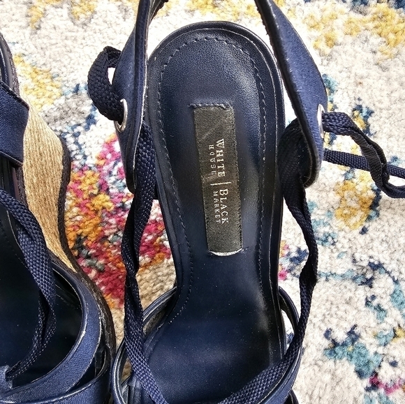 White House Black Market Navy Blue Espradille Ankle-Wrap Wedge Sandals Size 6.5 - Picture 14 of 16